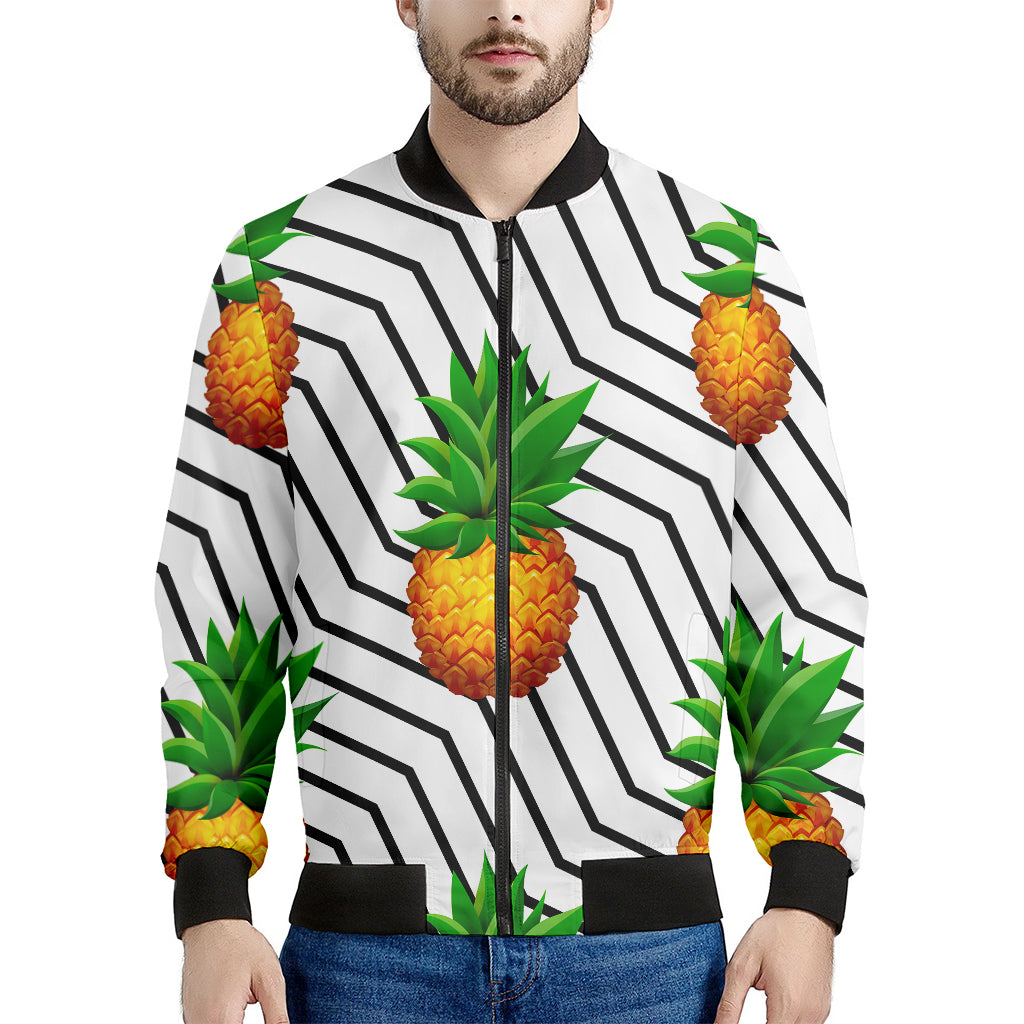 Black Geometric Pineapple Pattern Print Men's Bomber Jacket