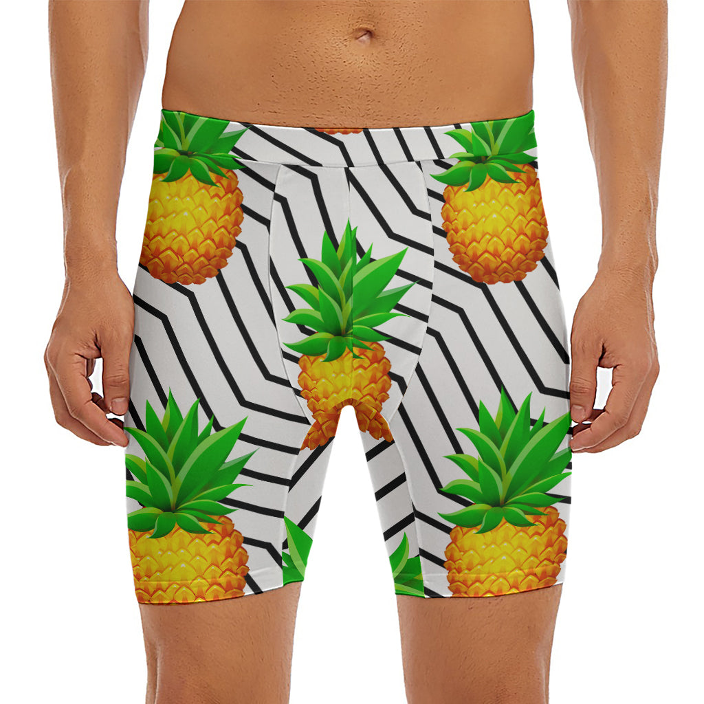 Black Geometric Pineapple Pattern Print Men's Long Boxer Briefs