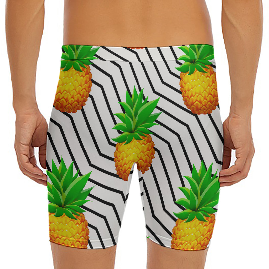 Black Geometric Pineapple Pattern Print Men's Long Boxer Briefs