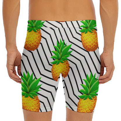 Black Geometric Pineapple Pattern Print Men's Long Boxer Briefs