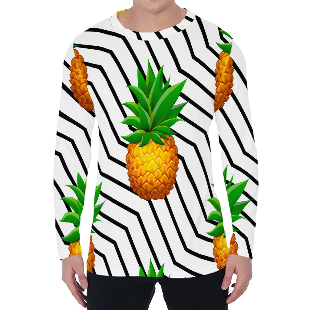 Black Geometric Pineapple Pattern Print Men's Long Sleeve T-Shirt