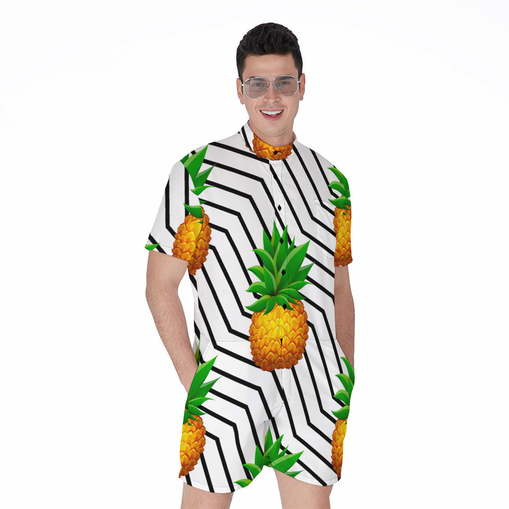 Black Geometric Pineapple Pattern Print Men's Rompers
