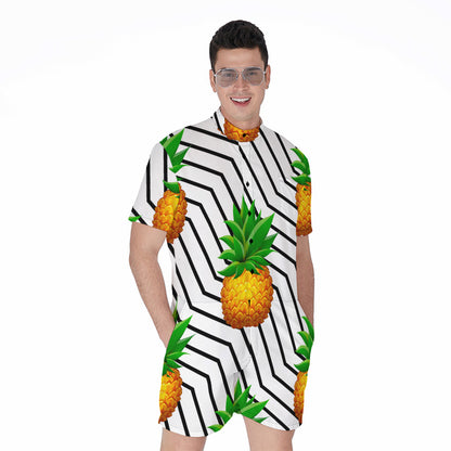 Black Geometric Pineapple Pattern Print Men's Rompers