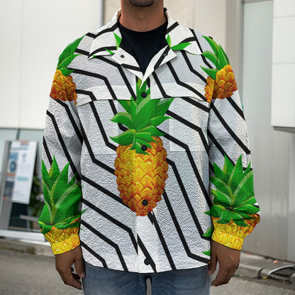 Black Geometric Pineapple Pattern Print Men's Shirt Jacket
