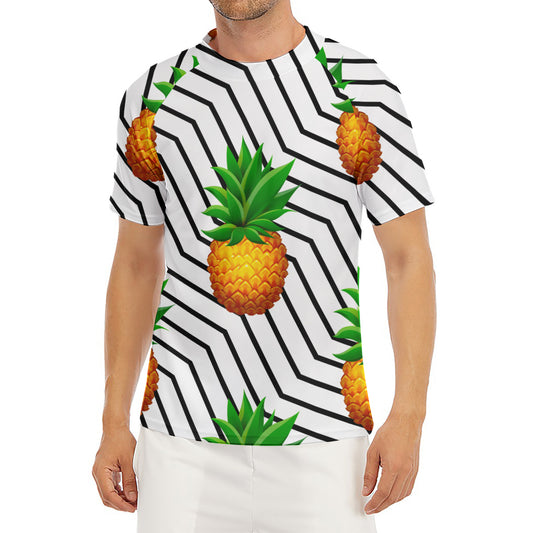 Black Geometric Pineapple Pattern Print Men's Short Sleeve Rash Guard