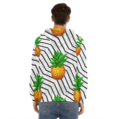 Black Geometric Pineapple Pattern Print Men's Velvet Pullover Hoodie