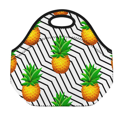 Black Geometric Pineapple Pattern Print Neoprene Lunch Bag