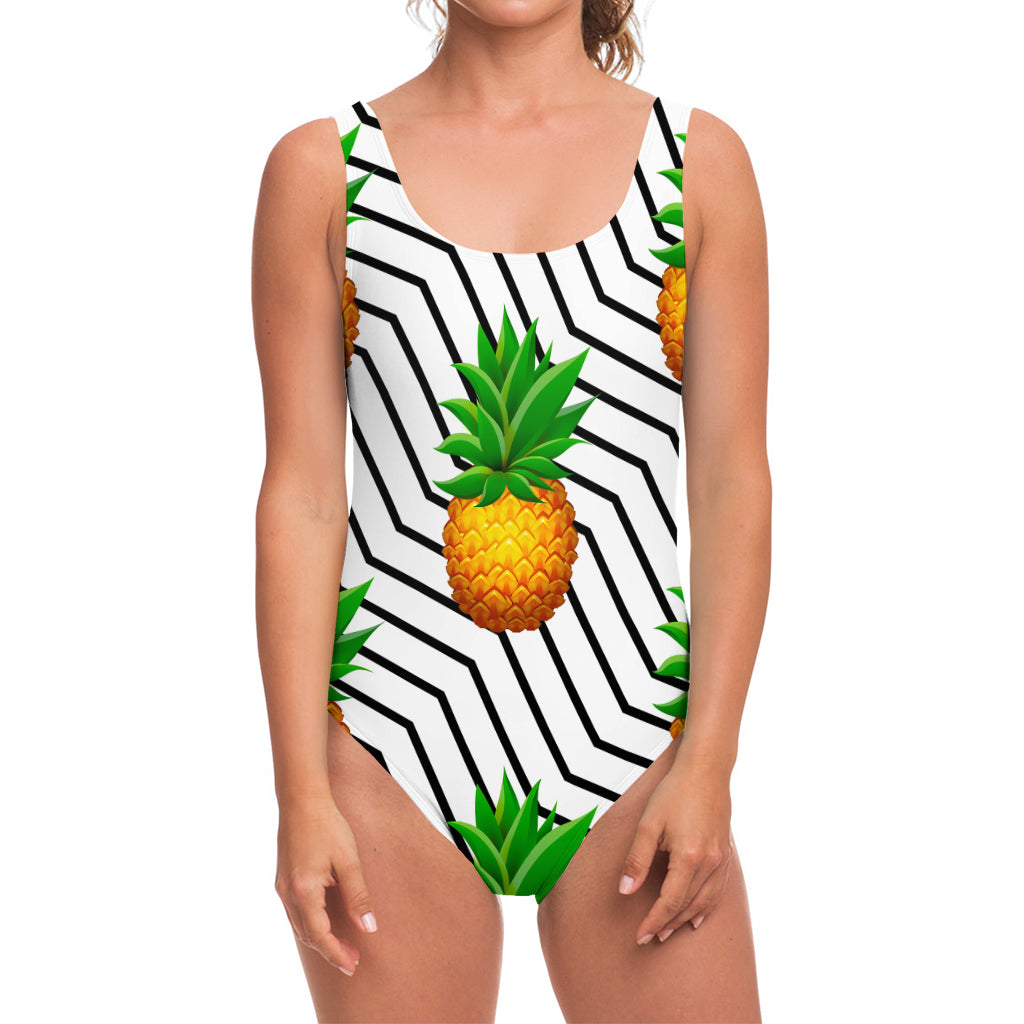 Black Geometric Pineapple Pattern Print One Piece Swimsuit