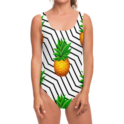 Black Geometric Pineapple Pattern Print One Piece Swimsuit