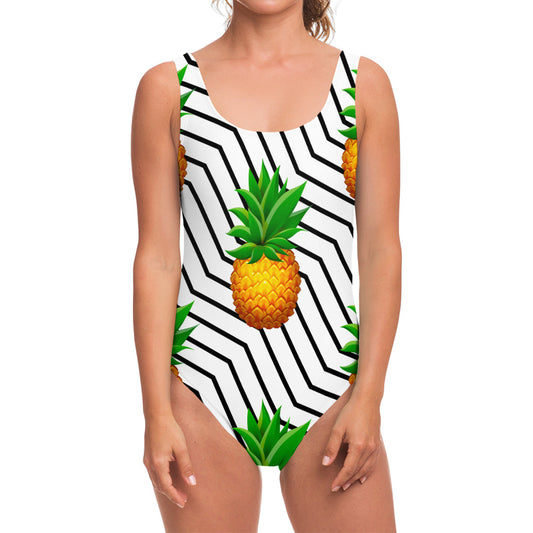 Black Geometric Pineapple Pattern Print One Piece Swimsuit