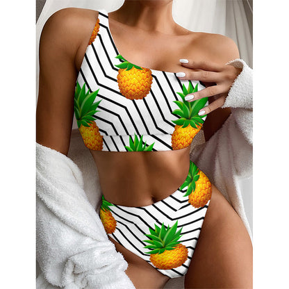 Black Geometric Pineapple Pattern Print One Shoulder Bikini Top