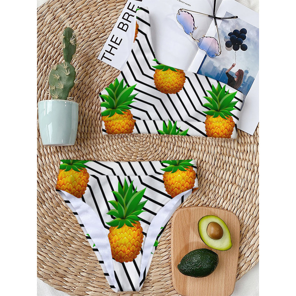 Black Geometric Pineapple Pattern Print One Shoulder Bikini Top