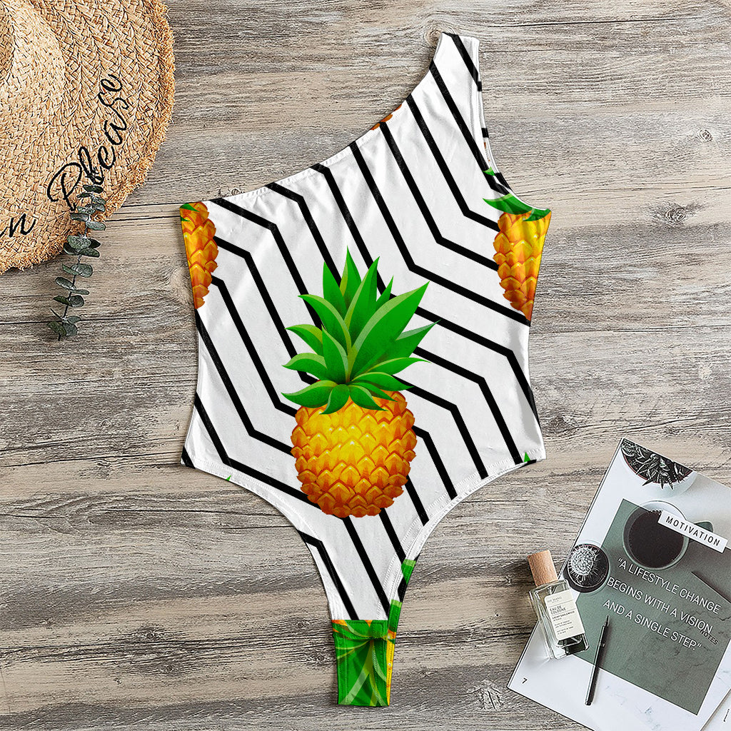 Black Geometric Pineapple Pattern Print One Shoulder Bodysuit