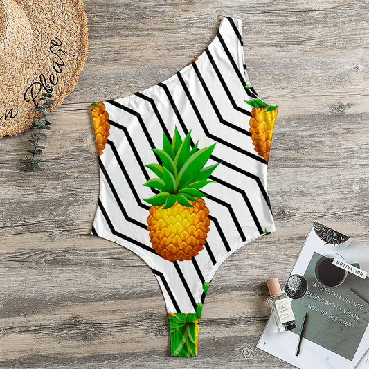 Black Geometric Pineapple Pattern Print One Shoulder Bodysuit