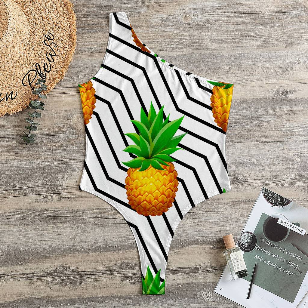 Black Geometric Pineapple Pattern Print One Shoulder Bodysuit