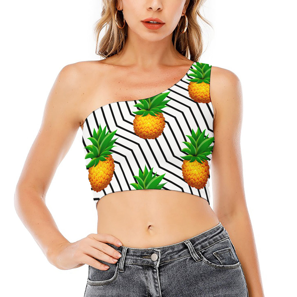Black Geometric Pineapple Pattern Print One Shoulder Crop Top