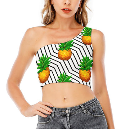 Black Geometric Pineapple Pattern Print One Shoulder Crop Top