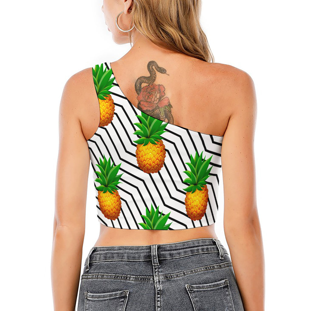 Black Geometric Pineapple Pattern Print One Shoulder Crop Top