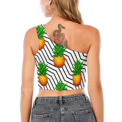 Black Geometric Pineapple Pattern Print One Shoulder Crop Top