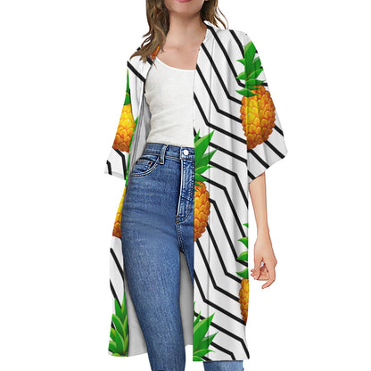 Black Geometric Pineapple Pattern Print Open Front Beach Cover Up
