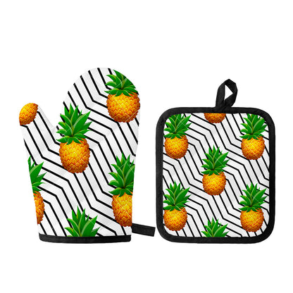 Black Geometric Pineapple Pattern Print Oven Mitt And Pot Holder Set