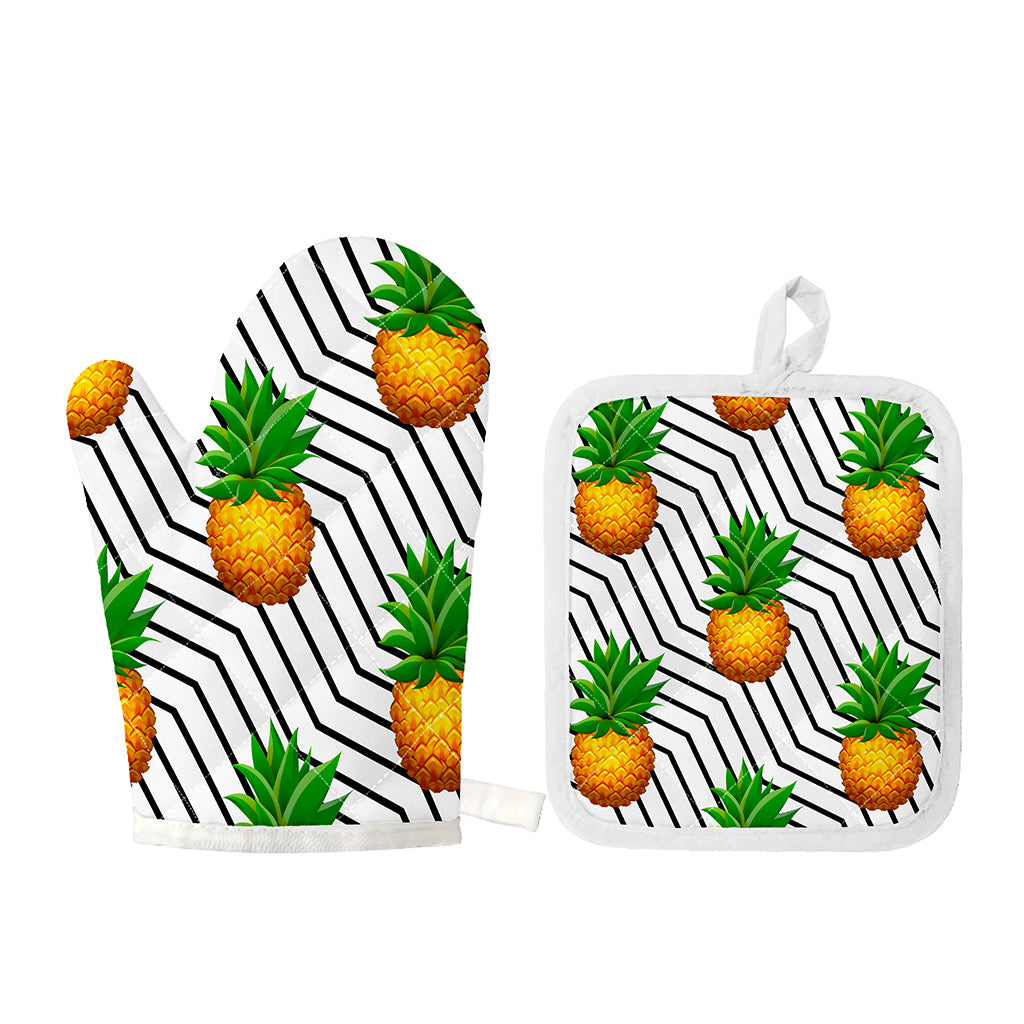 Black Geometric Pineapple Pattern Print Oven Mitt And Pot Holder Set