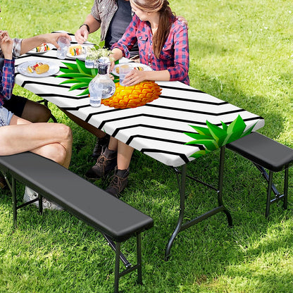 Black Geometric Pineapple Pattern Print Picnic Table Cover