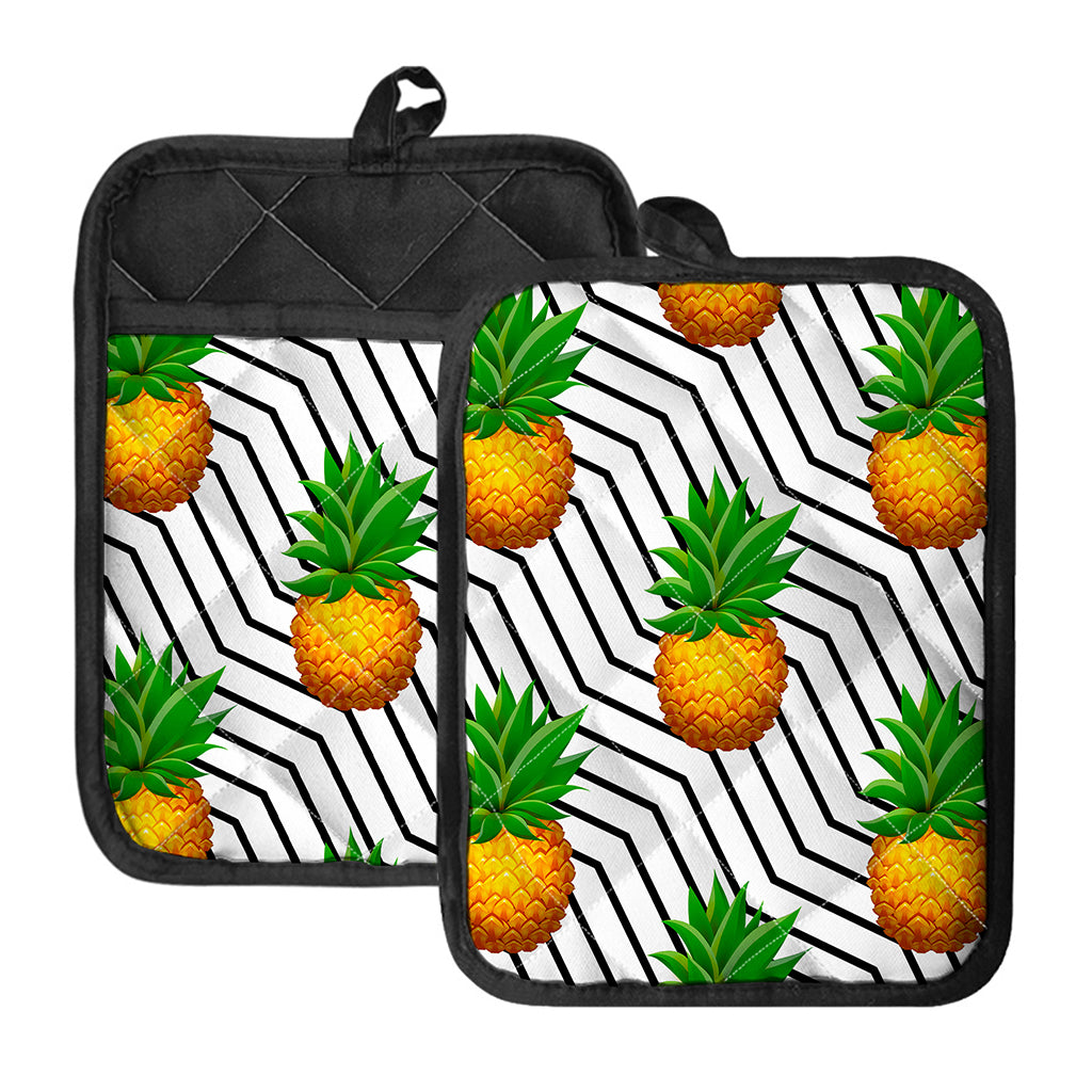 Black Geometric Pineapple Pattern Print Pot Holders With Pocket