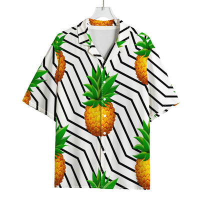 Black Geometric Pineapple Pattern Print Rayon Hawaiian Shirt