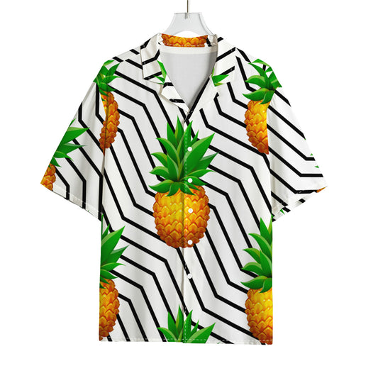Black Geometric Pineapple Pattern Print Rayon Hawaiian Shirt