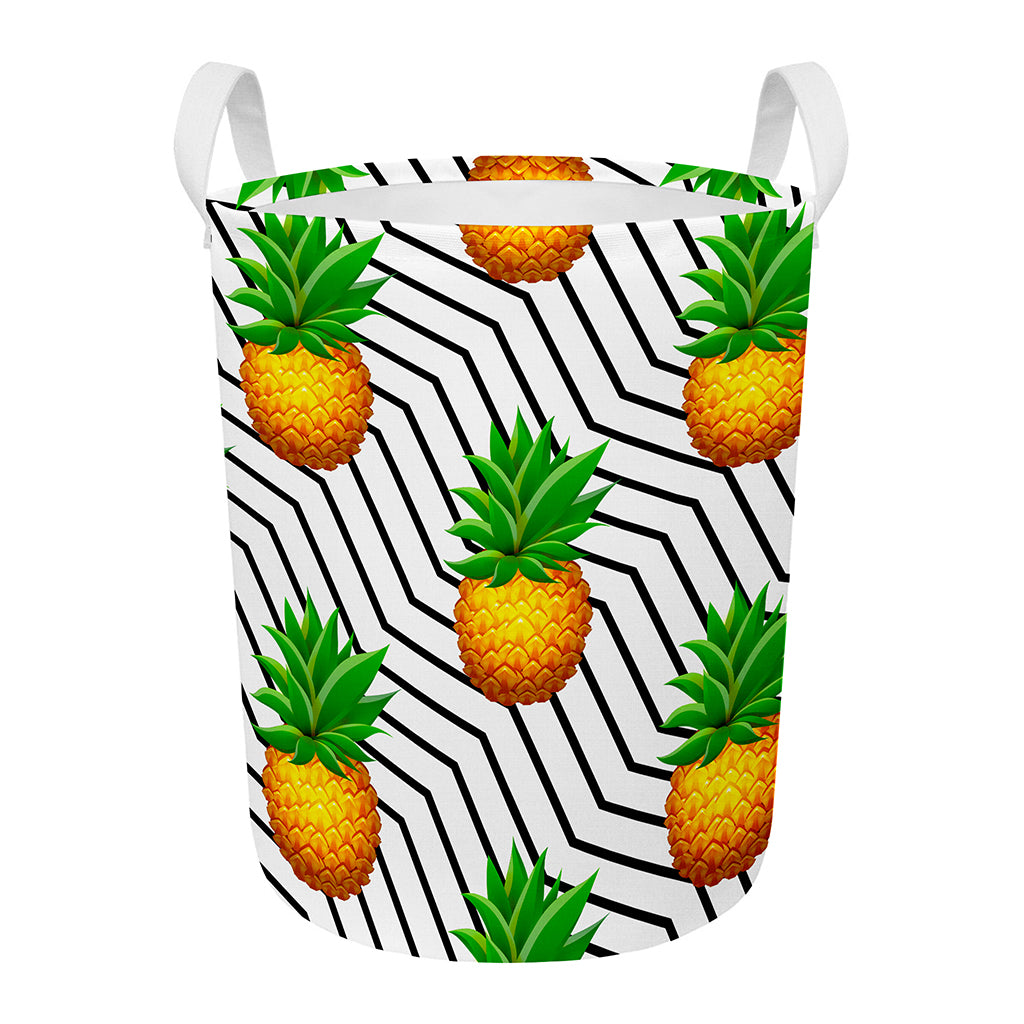 Black Geometric Pineapple Pattern Print Round Laundry Basket