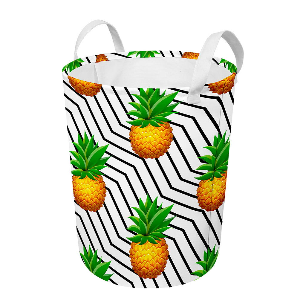 Black Geometric Pineapple Pattern Print Round Laundry Basket
