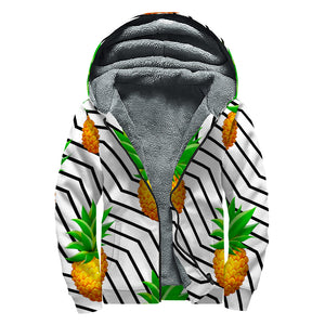 Black Geometric Pineapple Pattern Print Sherpa Lined Zip Up Hoodie