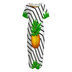 Black Geometric Pineapple Pattern Print Short Sleeve Long Nightdress