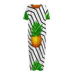 Black Geometric Pineapple Pattern Print Short Sleeve Long Nightdress