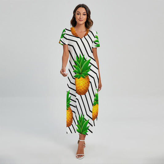 Black Geometric Pineapple Pattern Print Short Sleeve Maxi Dress