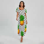 Black Geometric Pineapple Pattern Print Short Sleeve Maxi Dress