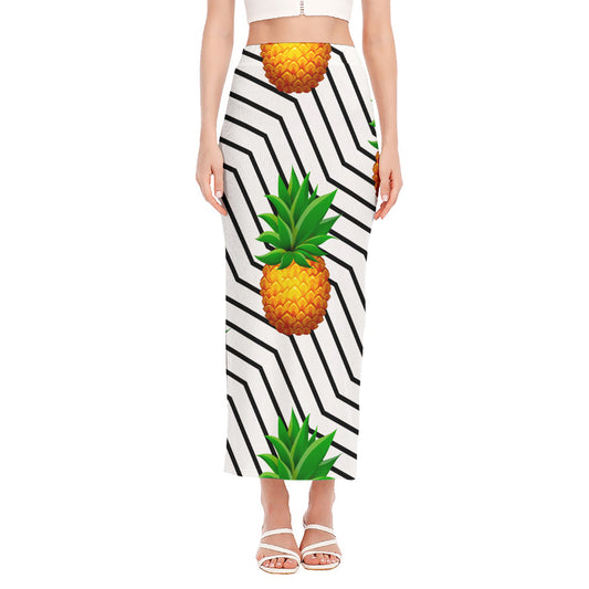Black Geometric Pineapple Pattern Print Side Slit Maxi Skirt