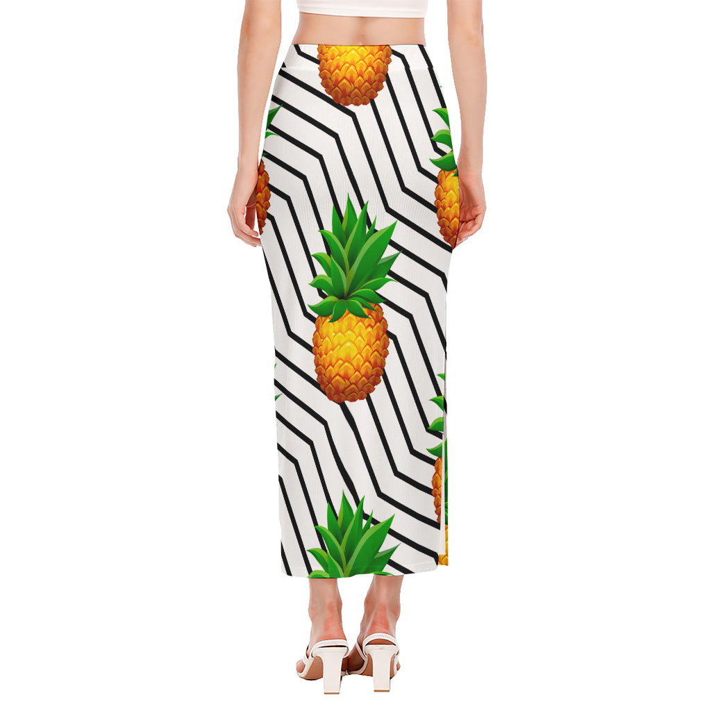 Black Geometric Pineapple Pattern Print Side Slit Maxi Skirt