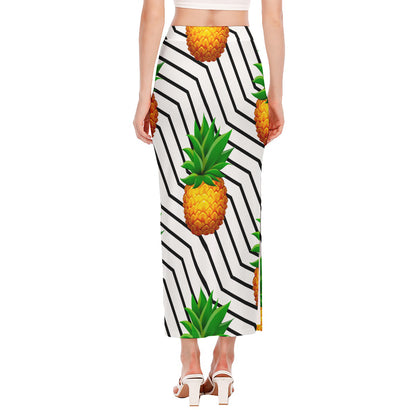 Black Geometric Pineapple Pattern Print Side Slit Maxi Skirt
