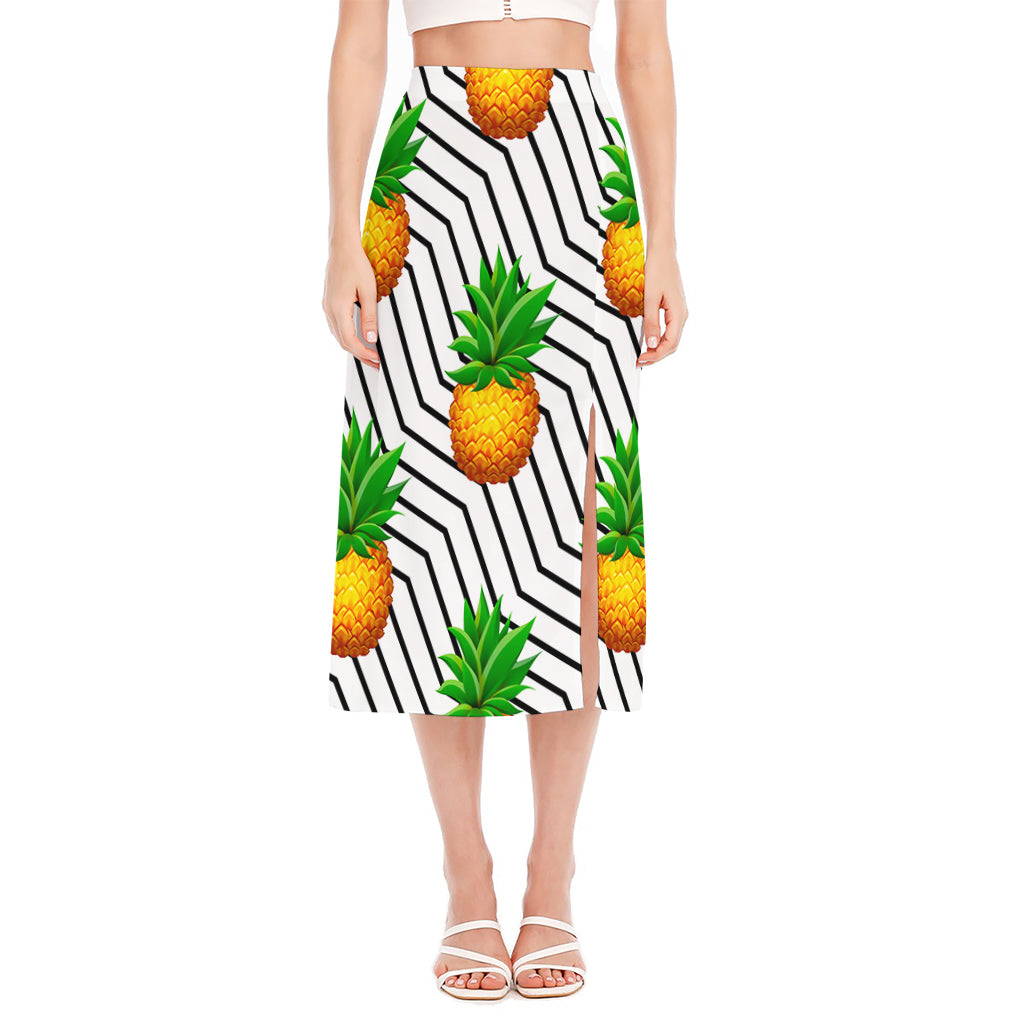 Black Geometric Pineapple Pattern Print Side Slit Midi Skirt
