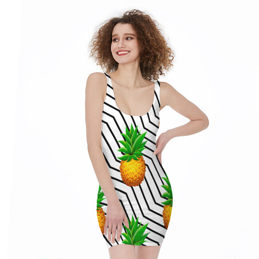 Black Geometric Pineapple Pattern Print Sleeveless Bodycon Dress