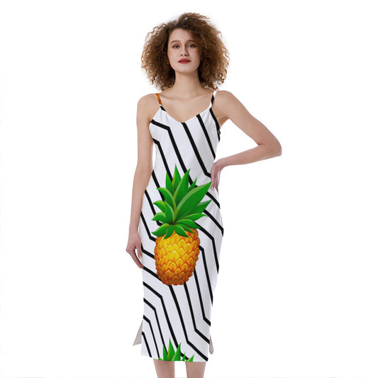 Black Geometric Pineapple Pattern Print Slim Fit Midi Cami Dress