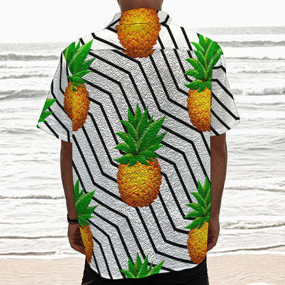 Black Geometric Pineapple Pattern Print Textured Short Sleeve Shirt