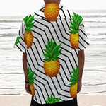Black Geometric Pineapple Pattern Print Textured Short Sleeve Shirt