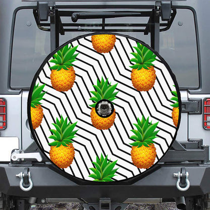 Black Geometric Pineapple Pattern Print Tire Cover With Camera Hole