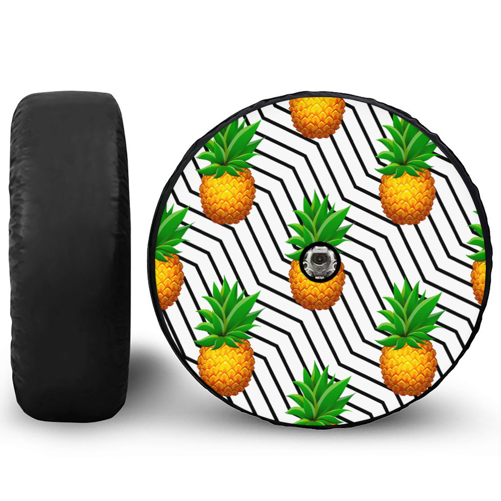 Black Geometric Pineapple Pattern Print Tire Cover With Camera Hole