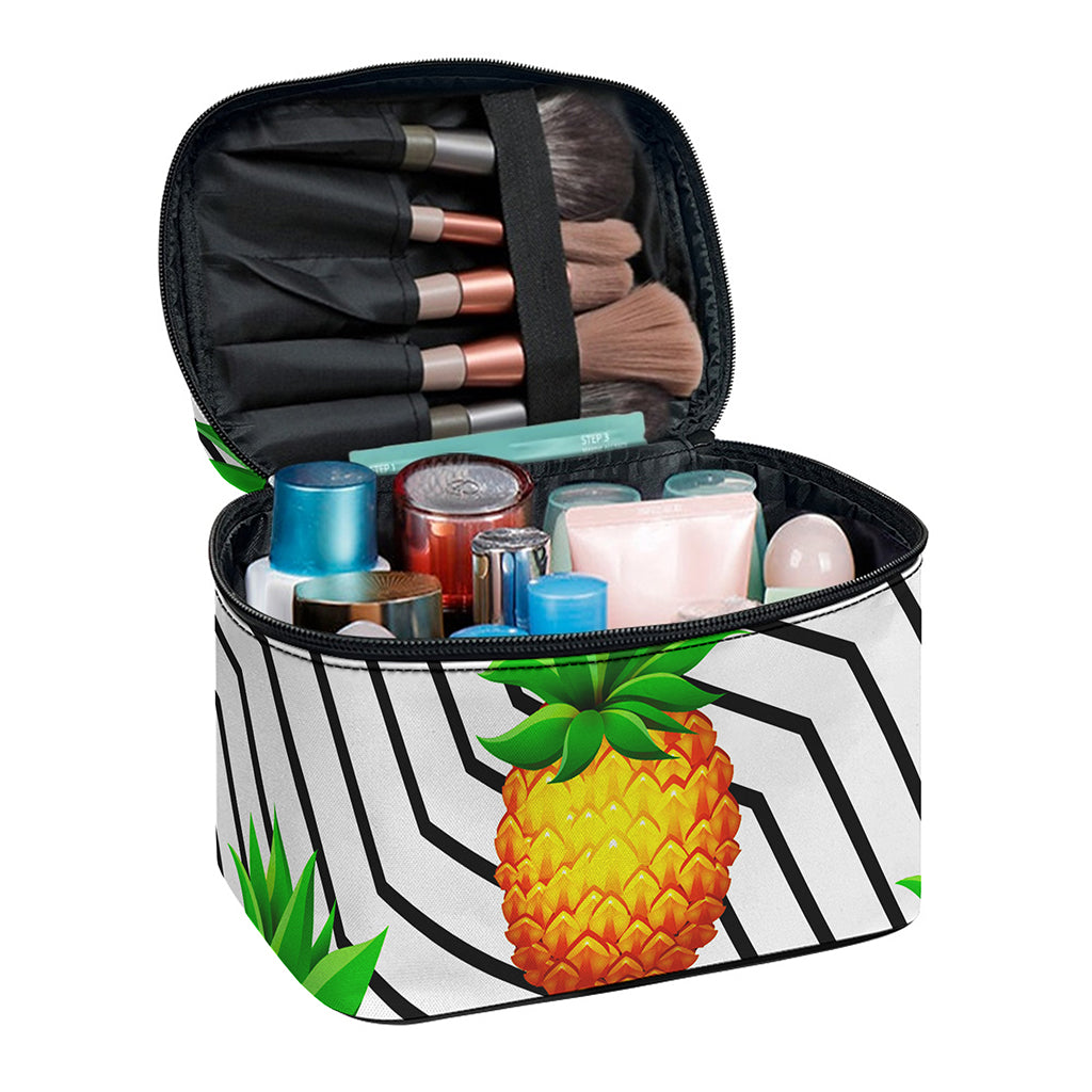 Black Geometric Pineapple Pattern Print Travel Makeup Bag