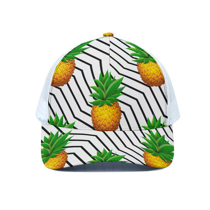 Black Geometric Pineapple Pattern Print White Mesh Trucker Cap
