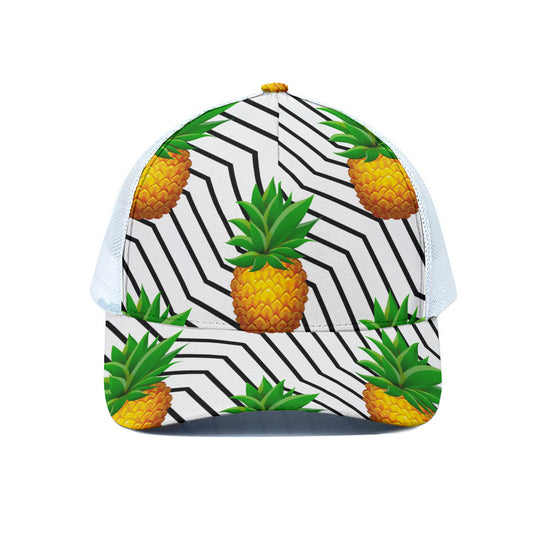 Black Geometric Pineapple Pattern Print White Mesh Trucker Cap